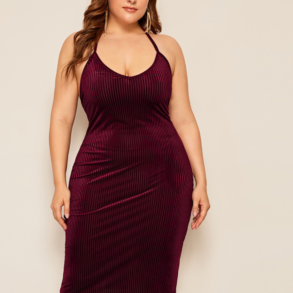 Monarch Fa Velvet Halter Ribbed Midi Bodycon Dress